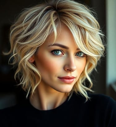 woman with short wavy shag haircut