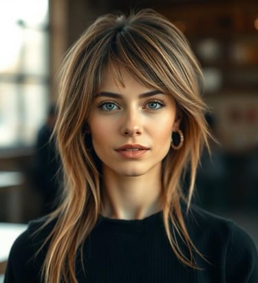 a woman with a very long hair and blue eyes