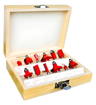Professional 12-piece carbide tipped router bit set in a protective wooden storage case.