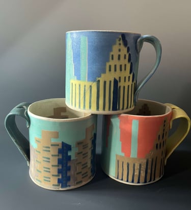 Stoneware mugs, stenciled with Cityscape designs