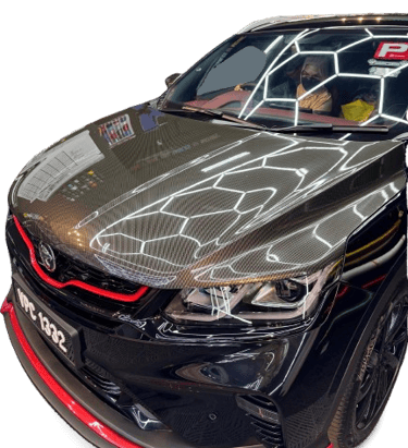 Proton X50 carbon hood partial wrap installation