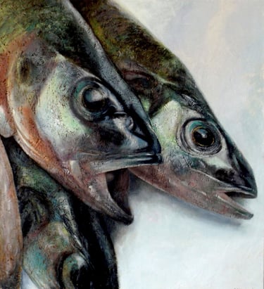 An oil on OSB wood panel of 3 dead fresh water fish heads
