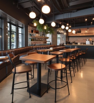 A cozy corner featuring wooden furniture against a dark wooden wall, with small stools and a table. White fabric banners with Japanese characters hang overhead. A small potted plant adds a touch of greenery. A black sandwich board sign with 'Kyoto Country Club' and a silhouetted figure is visible in the foreground.