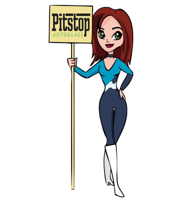 Cartoon illustration of Pitstop Auto Glass mascot holding a branded sign for windshield repair services.