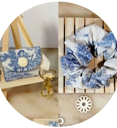 chouchou et porte-jeton en toile de Jouy