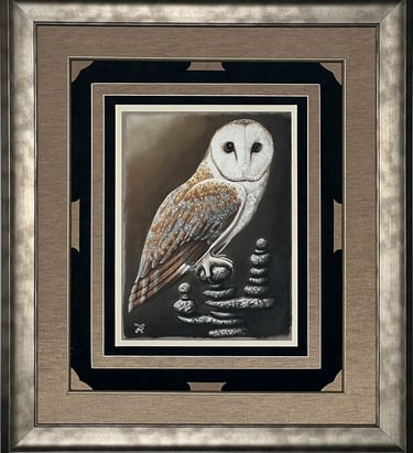Framed barn owl painting perched on a stone stack, elegant wildlife wall art for home decor.
