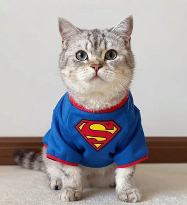 Un lindo gato atigrado gris que lleva puesta una camiseta azul de superhéroe de Superman.