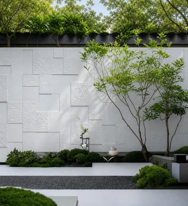 Natural outdoor space with wood, stone, and weathered metal materials creating an authentic garden a