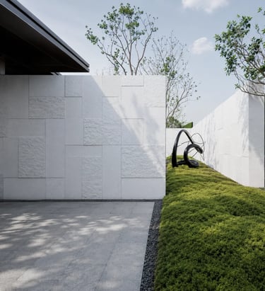 Natural outdoor space with wood, stone, and weathered metal materials creating an authentic garden atmosphere.