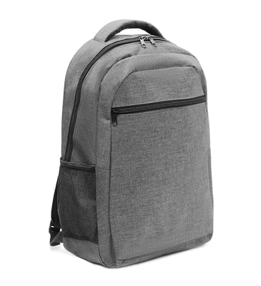 Durable grey laptop backpack with front zipper pocket and side mesh bottle holder.