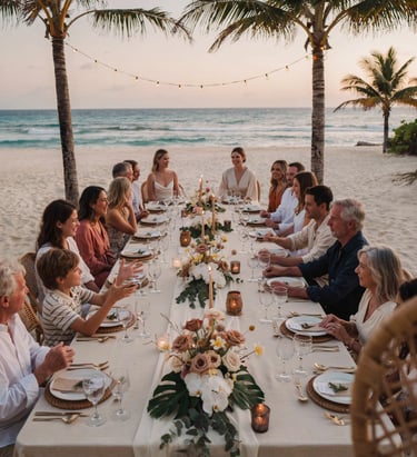 Elegant beach dinner party with family and friends at a long table on the sand during sunset.