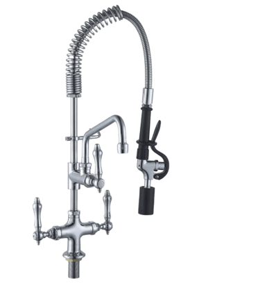 Commercial pre-rinse spray tap made from heavy duty stainless steel with a flexible spring hose and additional swivel spout.