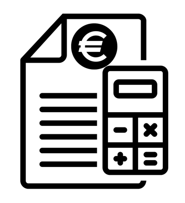 Folha com o símbolo euro e uma calculadora, representando orçamento rápido e transparente