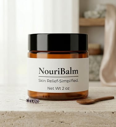 NouriBalm clean skin relief balm in an amber jar with lavender on a stone surface.