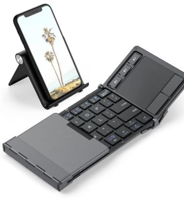 Tri-fold Bluetooth keyboard with touchpad, syncs to 3 devices.