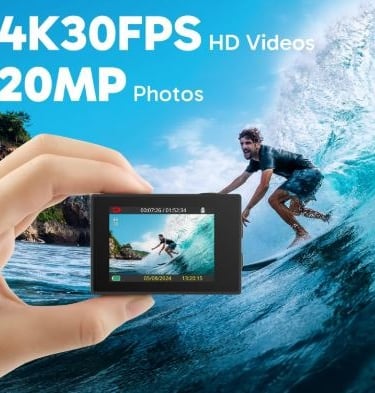 4K waterproof action camera with Wi-Fi and wrist remote.