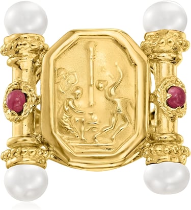 Etruscan Revival Ring. 18kt yellow gold over sterling silver, ruby and cultured pearl ring