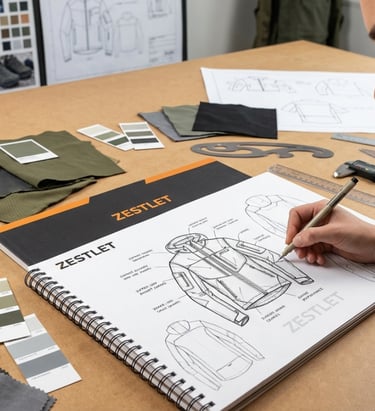 Designer at Zestlet sketching clothing with fabric samples and tools in a professional setting