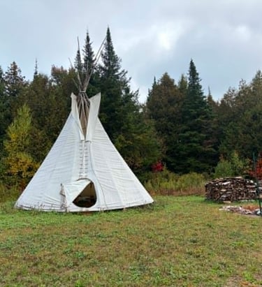 Tipi dans la prairie en bordure du boisée.