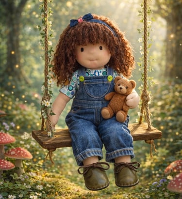Muñeca Waldorf hecha a mano con cabello rizado, sentada en un columpio de madera con osito de peluch