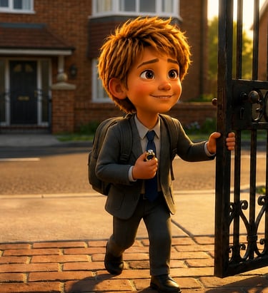 A happy young boy in a school uniform opens a metal gate to start his first day of school.