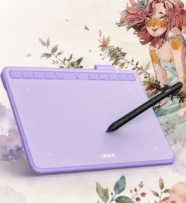 Tableta gráfica digital UGEE de color morado con lápiz óptico sobre un fondo floral de acuarela.