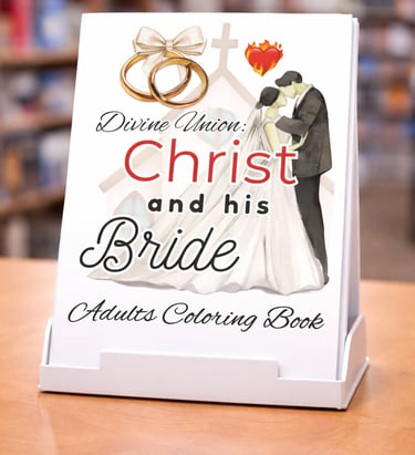 Christ and his Bride Divine Union adult coloring book displayed on a stand in a bookstore.