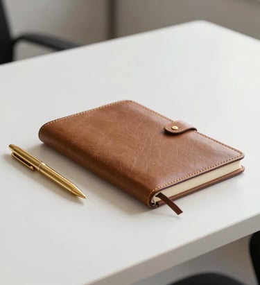 A minimalist white desk with a gold pen and a leather-bound notebook, North American modern office vibe.