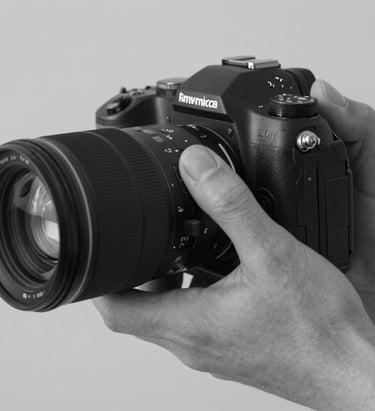 A sleek, black and white close-up of a North American hand holding a professional camera, cinematic lighting.