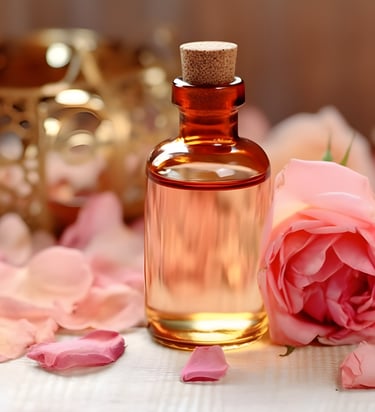 a bottle of perfume with a rose on a table