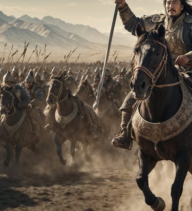 Genghis Khan leads his army in battle
