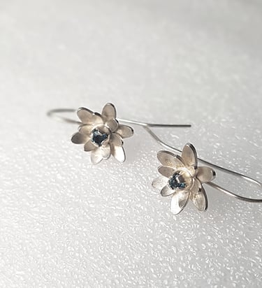 a pair of earrings with a flower design