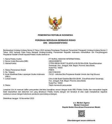 SK Kemenag PT Nurul Hidayah International
