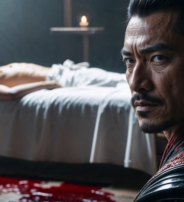 Lord Kira Yoshinaka lies dead, Ōishi Yoshio stands before him