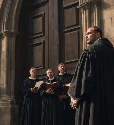 Martin Luther standing outside the church in bold defiance