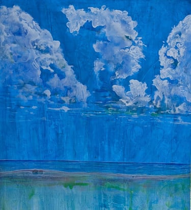 A color dense painting of a coral reef with a clouded blue sky above rendered in gloss acrylics on linen by Kathy LaFollett.