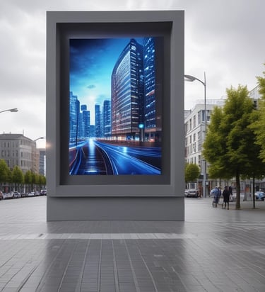 a large screen tv screen displaying a cityscapeople