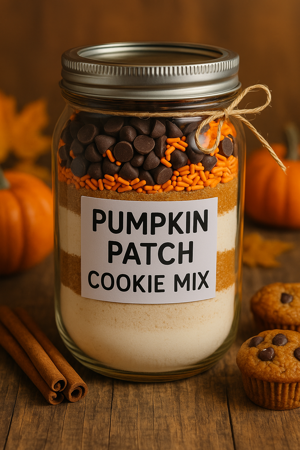 Pumpkin cookie mix jar with flour, sugar, chocolate chips, and orange sprinkles.