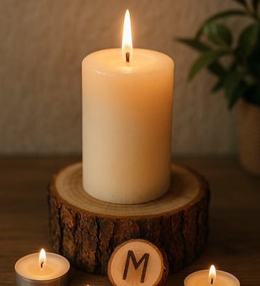 Lit pillar candle on a thick wood slice base with tealight candles glowing around it.