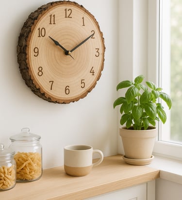 Rustic wood slice wall clock with woodburned numbers hanging in a bright kitchen nook