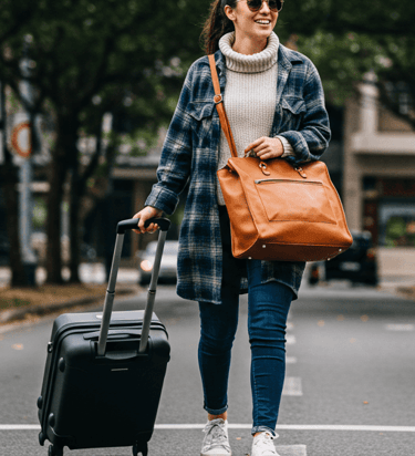 a woman with a suitcase and a handbag