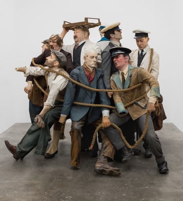 Alex Margo Arden, Accounts, 2025. Rescued museum mannequins, tug of war rope, 192 × 214 × 223 cm.  Image courtesy the artist