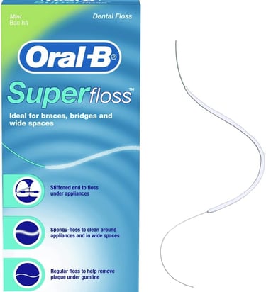 Oral B Superfloss for use with bridges and wide spaces.