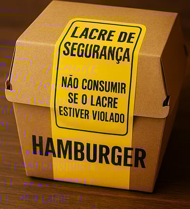 Imagem de uma caixa de hambúrguer com etiqueta de lacre de segurança.
