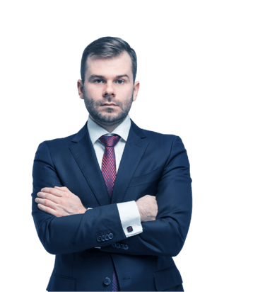 a man in a suit and tie standing in front of a black background