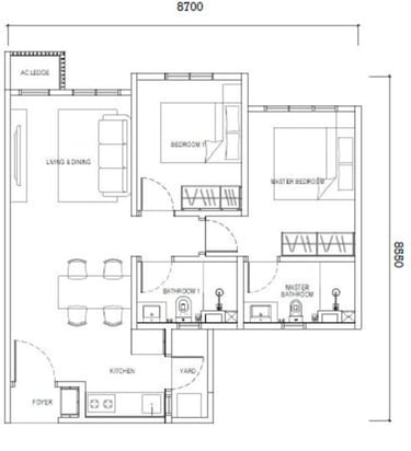 Type D layout – 667sf 2-bedroom 2-bathroom apartment near Johor RTS