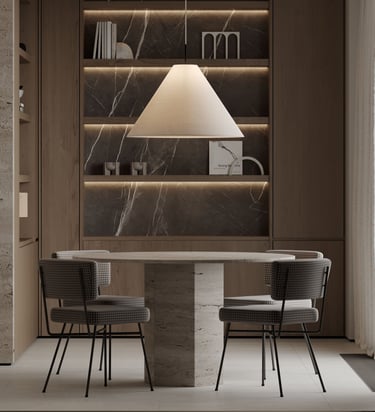 3D render of dining area with stone table, upholstered chairs, wooden shelves, marble back panel, and pendant light.