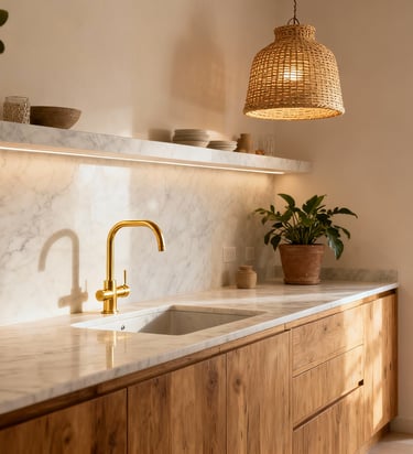 Cocina moderna a medida con isla en acabado mármol blanco