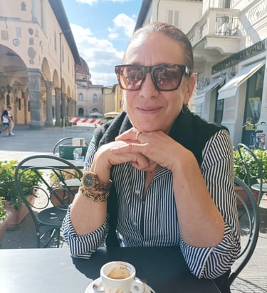 Gia Marie having an espresso in San Giovanni Valdarno, Italy