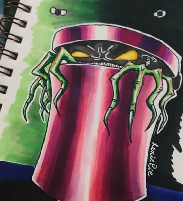 a marker drawing of a green trashcan goblin in pink trashcan.